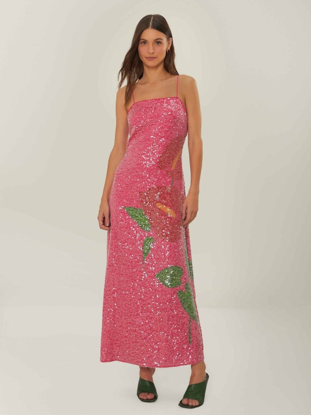 FARM RIO pink anthurium flowers slip maxi dress